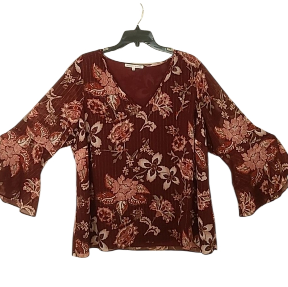 Violet + Claire Burgundy Floral V-Neck Blouse